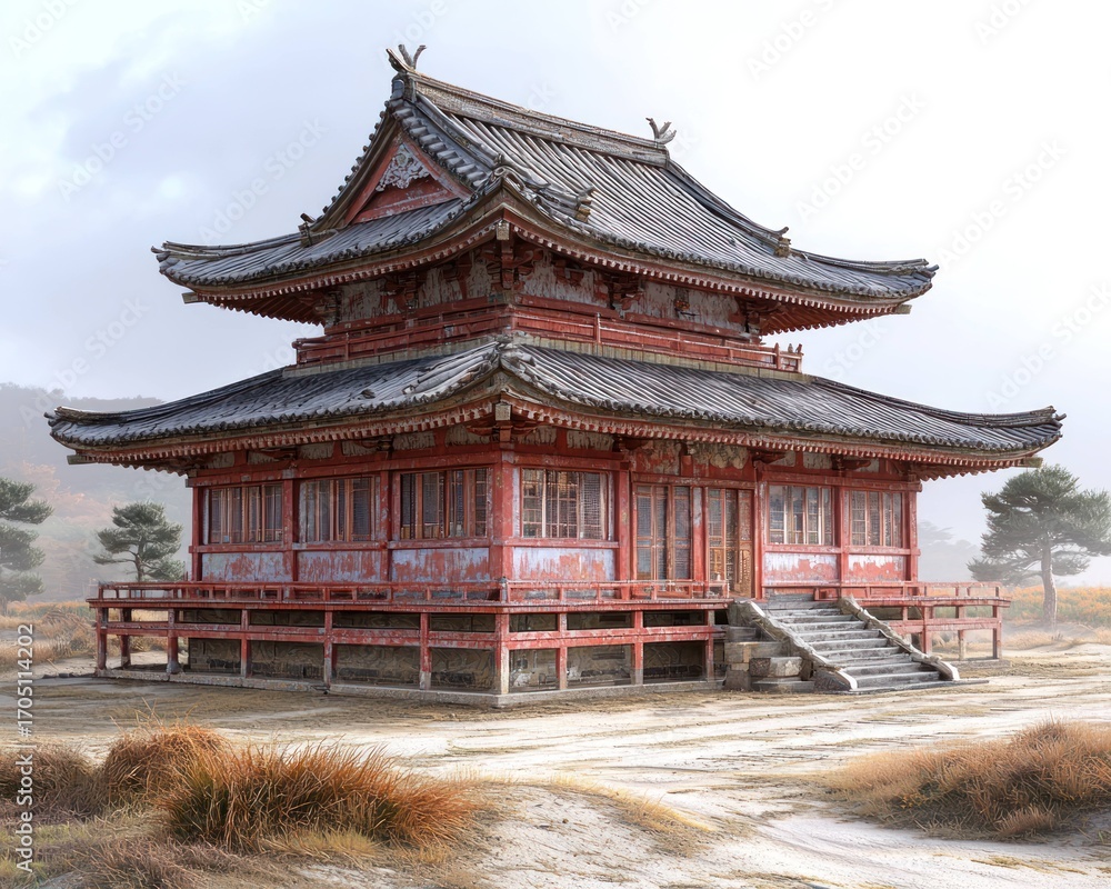 Obraz premium Ancient red two-tiered temple in a misty landscape with stairs