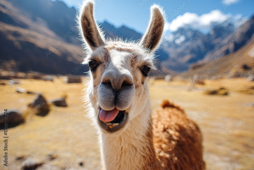 Obraz premium Playful llama in a mountainous landscape