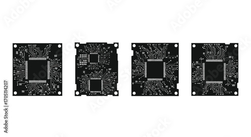 Four square circuit boards with central square components on technology detail vector
