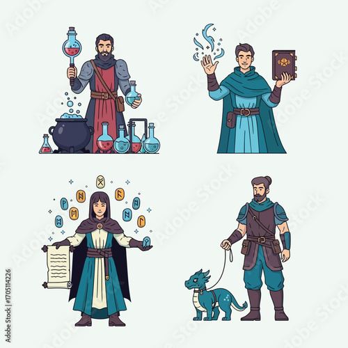 Four fantasy characters: an alchemist, a wizard, a sorceress with runes, and a warrior with a dragon pet.