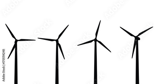 Modern wind turbines silhouettes generating renewable energy power in open landscape vector