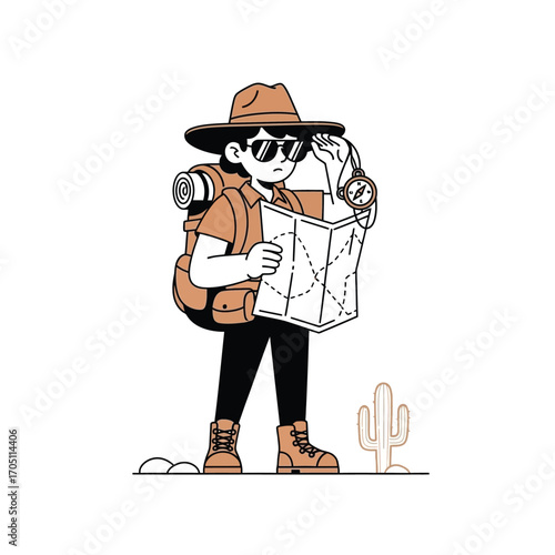 A cartoon traveler with a backpack, hat, and sunglasses looks at a map and compass in a desert landscape.
