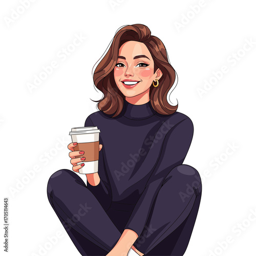 Illustration of a beautiful young woman with a friendly smile, enjoying a relaxing coffee break in a cozy outfit