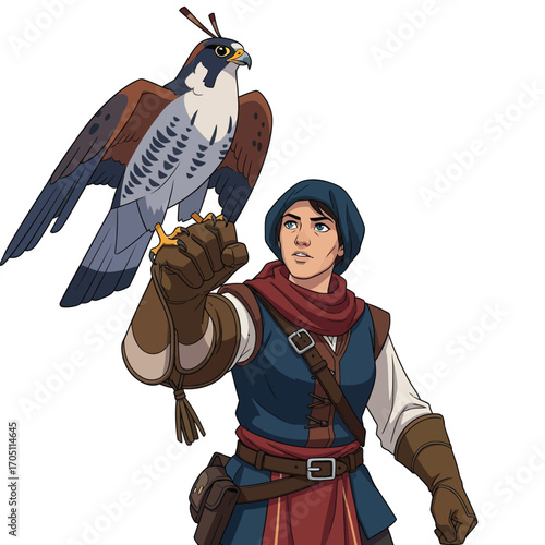 A young woman in medieval attire holds a falcon aloft, showcasing falconry skills.