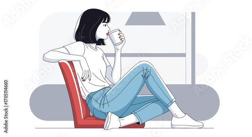 Modern flat vector illustration of a relaxed woman in casual wear enjoying a beverage, representing a serene lifestyle and personal time