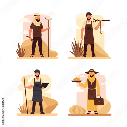 Four diverse figures in desert settings, engaged in various occupations, including farming, cooking, and business.