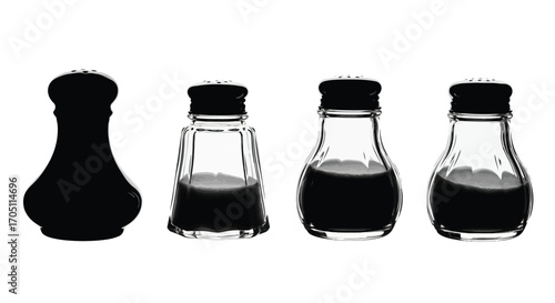 Four glass shakers and bottles filled with dark liquid for condiments or seasonings vector