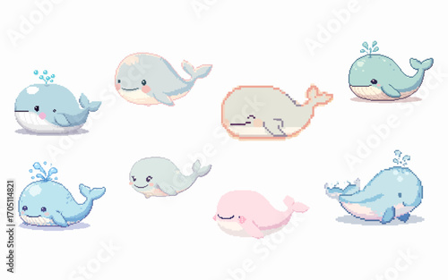 Pixel Whale Character Set with 8 Cute Sea Mammals