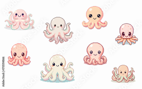 Pixel Octopus Character Set with 8 Cute Sea Creatures