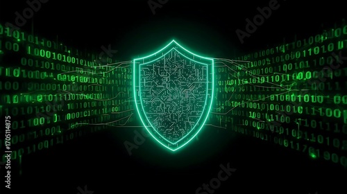 Futuristic Cyber Shield with Glowing Holographic Circuits and Binary Code. 
