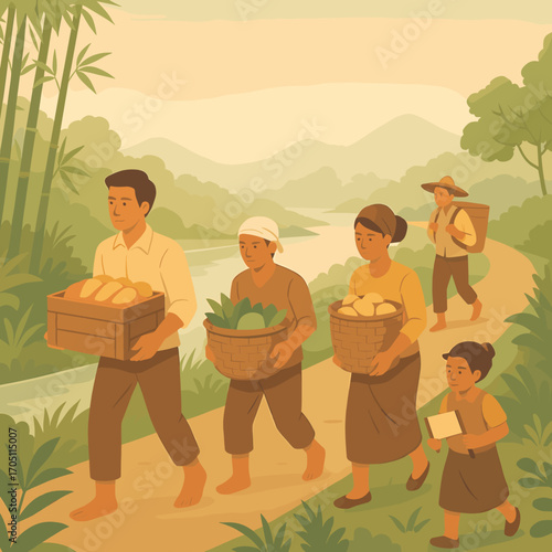 Family of Farmers Carrying Harvested Crops, Rural Village Scene