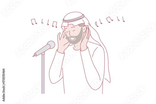 Muezzin and islamic culture concept. Man Person Reciter Calling for Pray Or Called Adhan singing religious song vector illustration