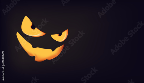 Halloween background with spooky eyes and copy space for text. All Saints' Day, halloween post for event. Jack O Lantern, with an evil face, smile and eyes on black background. 3D render vector