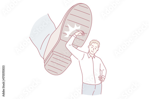 Business challenge and confidence concept. Young smiling businessman cartoon character standing deflecting blow from boots sole vector illustration