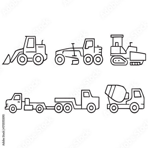 Construction vehicle line icon set vector