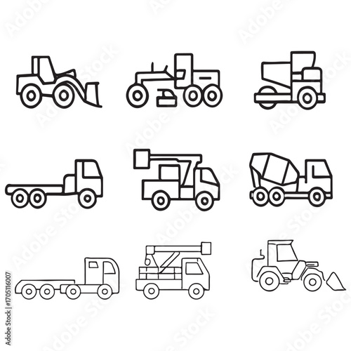 Construction vehicle line icon set vector