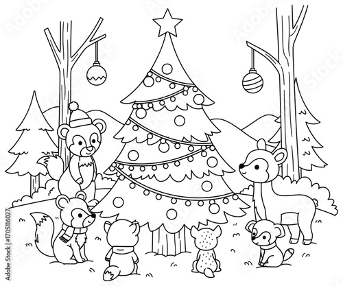 Christmas tree vector illustration of woodland animals gathered in a snowy forest celebrating around a decorated festive tree with ornaments and holiday charm