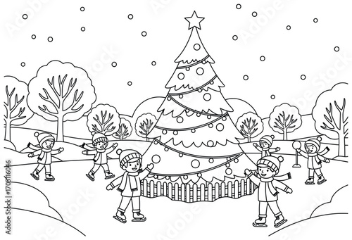 Christmas tree vector illustration of children ice skating happily around a decorated festive tree in a snowy winter forest with falling snow and holiday cheer