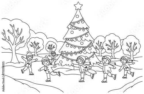 Christmas tree vector illustration featuring children ice skating joyfully in winter clothing around a decorated tree in a snowy forest holiday scene