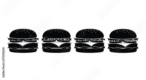 Four identical gourmet burgers arranged in a row with fresh ingredients clearly visible vector