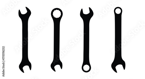 Collection of four black combination wrenches lined up against a clean white surface vector