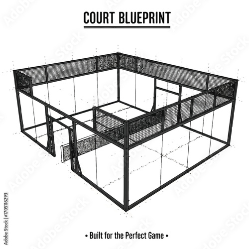 Blueprint of an indoor court for racquet sports.