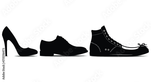 Diverse footwear collection showing silhouette of high heel shoe dress shoe and boot vector