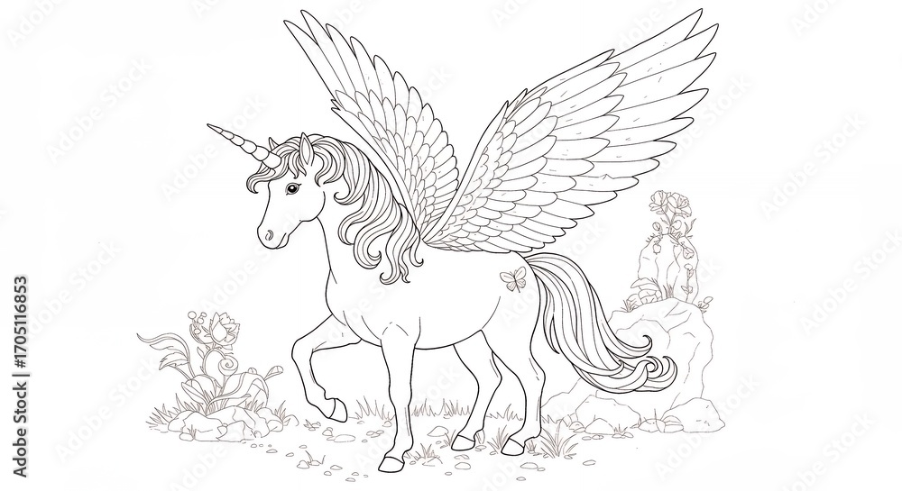 Fototapeta premium Winged unicorn coloring page