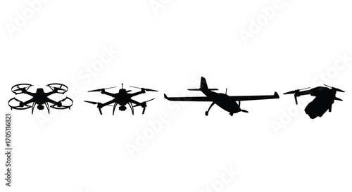 Diverse drone and aircraft silhouettes showcase technological advancements in aerial robotics vector