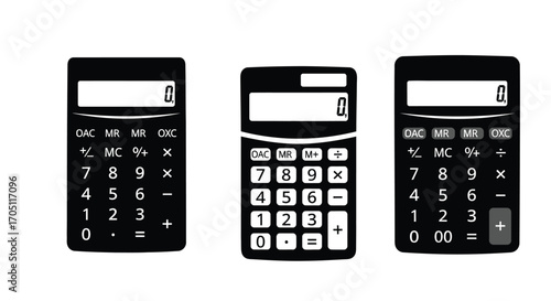 Three black calculators lined up displaying numbers for math and finance tasks vector