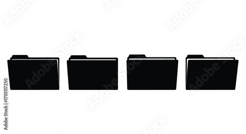 Four black folders lined up in a row on a white surface representing organization and data storage vector