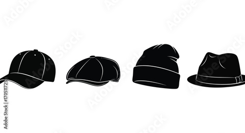 Four black caps and hats collection isolated on stylish headwear assortment vector