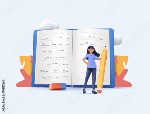Content writer, blogger, bullet journalist or publishing editor concept, young smart woman freelance holding big pencil thinking and writing content on notepad paper. 3D render vector illustration