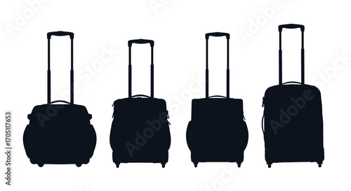 Four different sized rolling luggage bags in a row ready for travel vector
