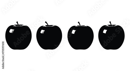 Four glossy black apples lined up isolated on a clean white surface vector