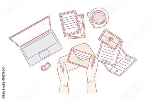 Workplace space and table concept. Top view of human hands sending postcard in envelope on working table vector illustration