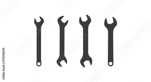 Four metal wrenches lying flat isolated studio shot precision tools for repair and construction vector