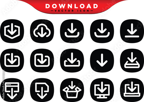 Creative 3D black download button icon. Down arrow bottom symbol. Click here button. Save cloud import icon, push button, mobile application.