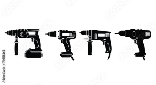 Collection of four cordless and corded power drills in silhouette on white vector