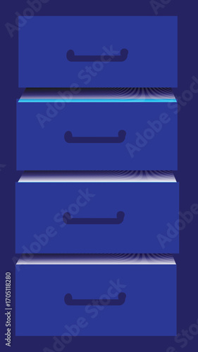 blue and white shelves with boxes