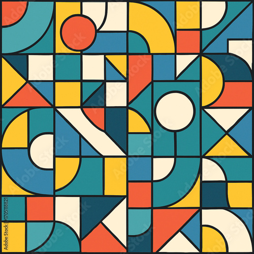 A vibrant vector pattern composed of various geometric shapes like squares, triangles, and circles in a colorful grid layout.