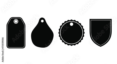Collection of four distinct black silhouettes of tags and shields for branding and design vector