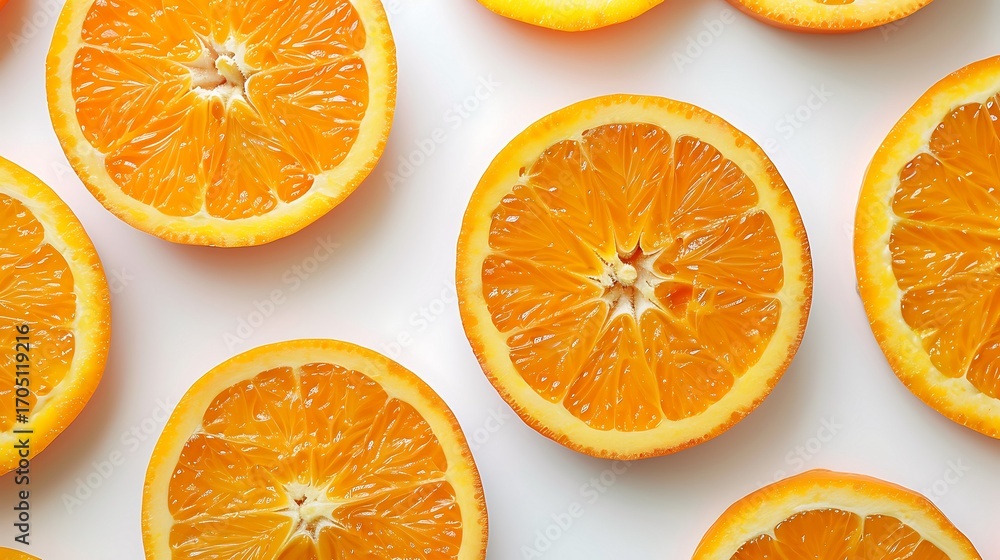 Fototapeta premium A top down view of several orange halves arranged on a white surface in a studio setting