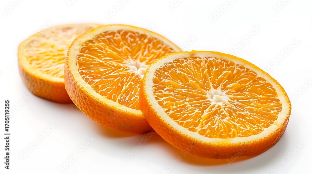 Fototapeta premium Three orange slices arranged in a row on a white surface showing the juicy pulp and textured peel detail