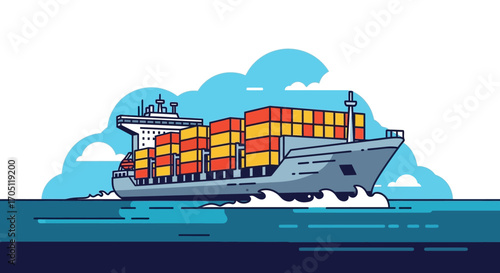 Modern container ship carrying colorful cargo containers sailing on the blue ocean under a cloudy sky, global shipping and logistics concept illustration