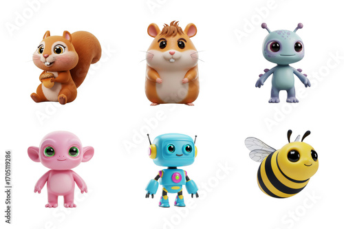 Cartoon Animals and Robot Characters Render on Transparent Background