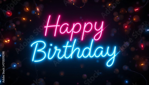 Happy birthday neon sign with pink and blue lights against a dark background scene