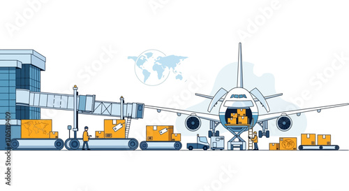 Global air cargo and logistics illustration depicting an airplane being loaded with packages at an airport terminal with baggage carts and conveyors, symbolizing international trade