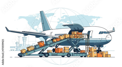 Efficient air cargo transportation of packages and parcels with a large aircraft unloading cargo using a conveyor belt system at an airport with a global map in the background