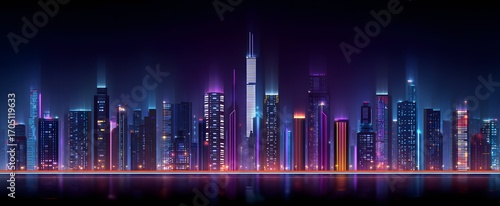 The futuristic city skyline glows like a digital jungle under neon lights at night